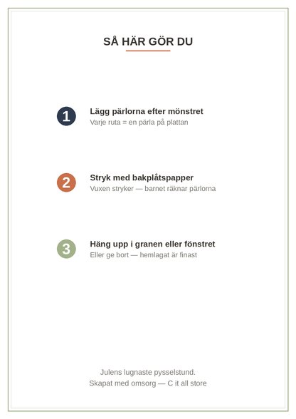 Pärlplattor Jul vol. 1 — 8 julmönster 20×20 med färgkarta & antal pärlor (printbar PDF)