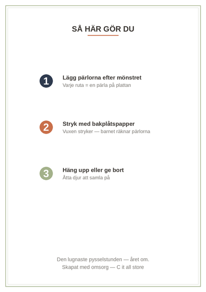 Pärlplattor Djur vol. 1 — 8 djurmönster 20×20 med färgkarta & antal pärlor (printbar PDF)
