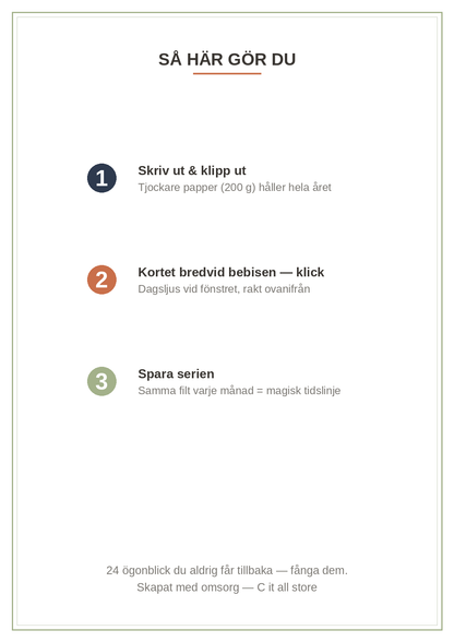 Milestone-kort bebis — 24 fotokort för bebisens första år (printbar PDF)
