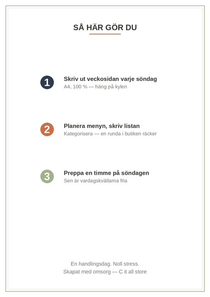 Måltidsplaneraren — veckomeny, inköpslista, frys- & skafferinventarie, söndags-prep (printbar PDF)