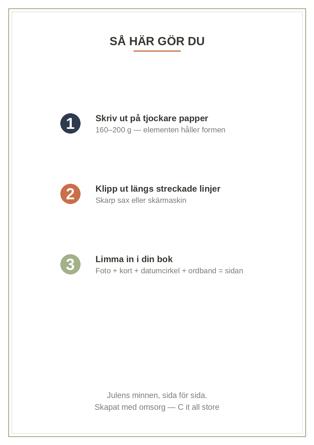 Scrapbook-kit Jul — journaling-kort, tags, ordband, banner, datumcirklar & kantband (printbar PDF)