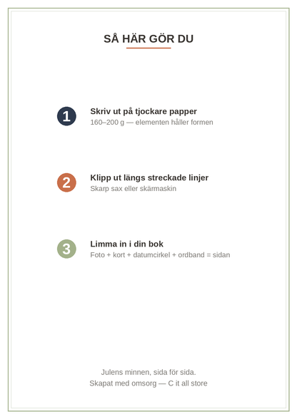 Scrapbook-kit Jul — journaling-kort, tags, ordband, banner, datumcirklar & kantband (printbar PDF)