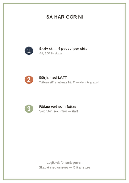 Sudoku för barn — 40 pussel i 6×6-format + lösningar (printbar PDF)