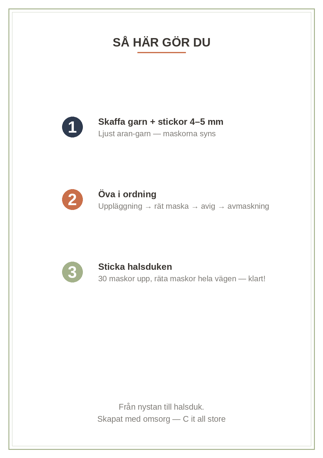 Sticka-skola vol. 1 — uppläggning, rät & avig maska, avmaskning + halsduk-projektet (printbar PDF)