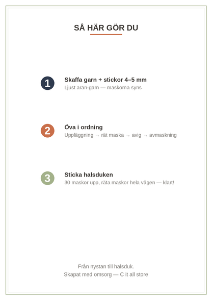 Sticka-skola vol. 1 — uppläggning, rät & avig maska, avmaskning + halsduk-projektet (printbar PDF)