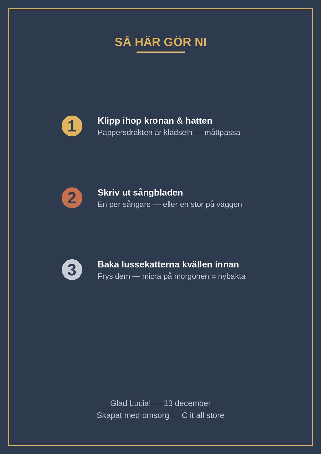 Lucia-paketet — luciakrona, stjärngosse-hatt, sångblad, tåg-program, tags & lussekatt-recept (printbar PDF)