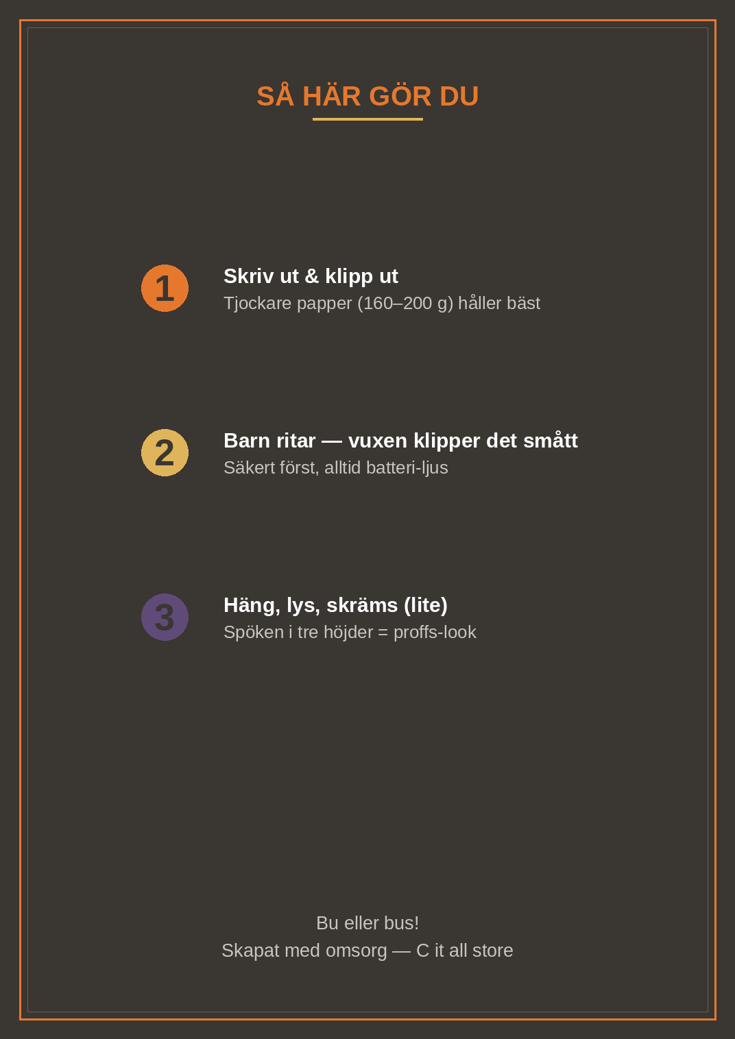 Halloween-pyssel — pumpa-lyktor, fladdermus-girlang, spök-mobil, häxhatt, inbjudan & BU-tags (printbar PDF)