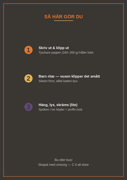 Halloween-pyssel — pumpa-lyktor, fladdermus-girlang, spök-mobil, häxhatt, inbjudan & BU-tags (printbar PDF)