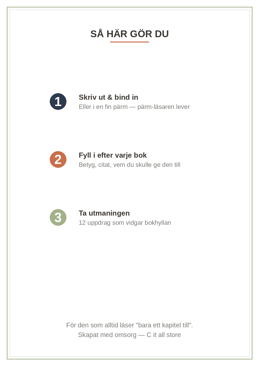 Läsloggen — bokdagbok med bok-kort, att-läsa-lista, läsutmaning & årssammanfattning (printbar PDF)