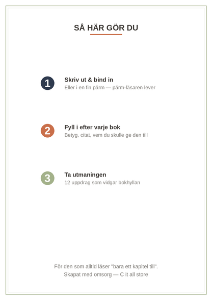 Läsloggen — bokdagbok med bok-kort, att-läsa-lista, läsutmaning & årssammanfattning (printbar PDF)