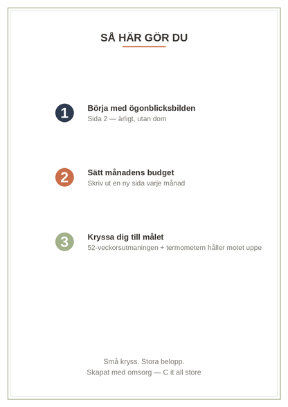 Budgetboken — månadsbudget, utgiftslogg, 52-veckors sparutmaning & trackers (printbar PDF)
