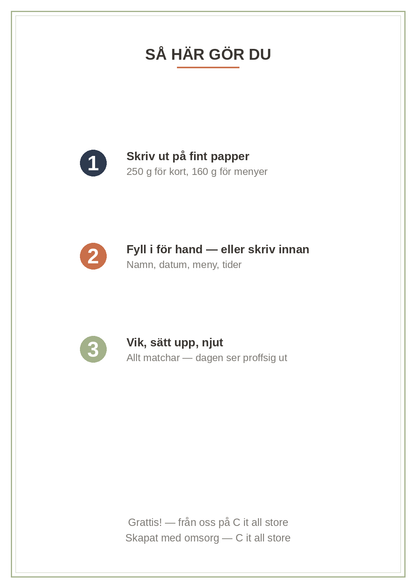 Bröllopspaketet — välkomstskylt, meny, bordkort, sittordning, tackkort & program (printbar PDF)