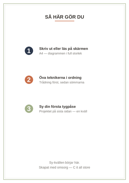 Sy-skola vol. 1 — grundtekniker för hand: material, sömmar, knapp, laga & första projektet (printbar PDF)