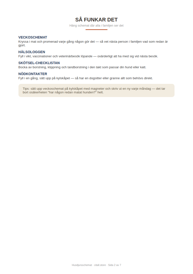 Husdjursschemat — veckoschema, hälsologg, skötsel-checklista & nödkontakter (printbar PDF)