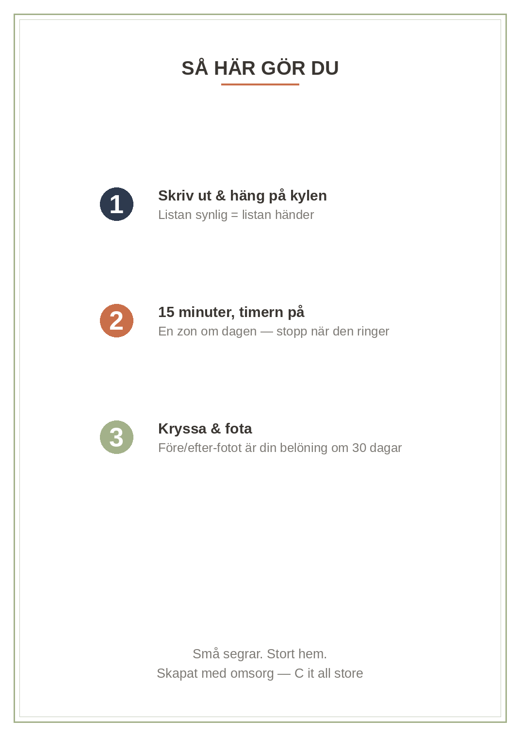 30-dagars städutmaningen — en 15-minuters grej per dag + tracker & före/efter (printbar PDF)