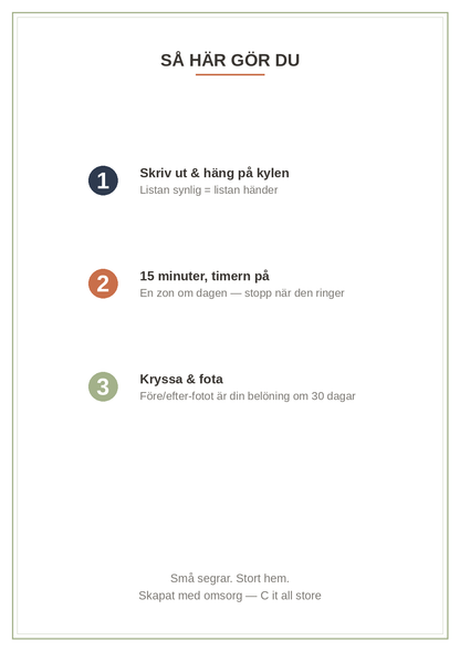 30-dagars städutmaningen — en 15-minuters grej per dag + tracker & före/efter (printbar PDF)