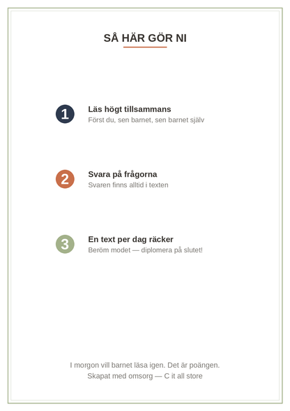 Läsboken 6–8 år — 10 korta texter med frågor + läs-diplom (printbar PDF)