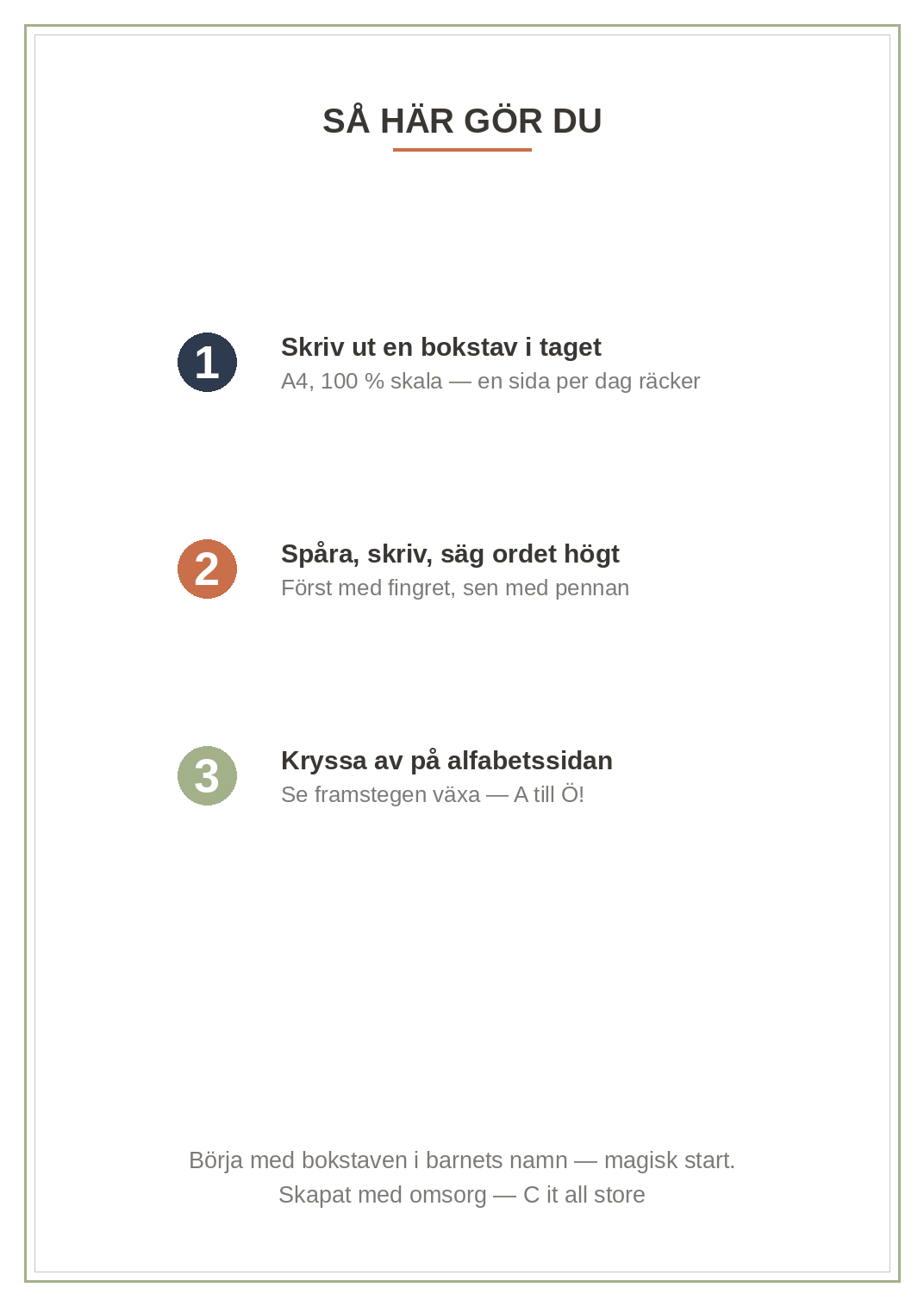 Bokstavsboken 4–6 år — hela alfabetet A–Ö: spåra, skriva & känna igen (printbar PDF)