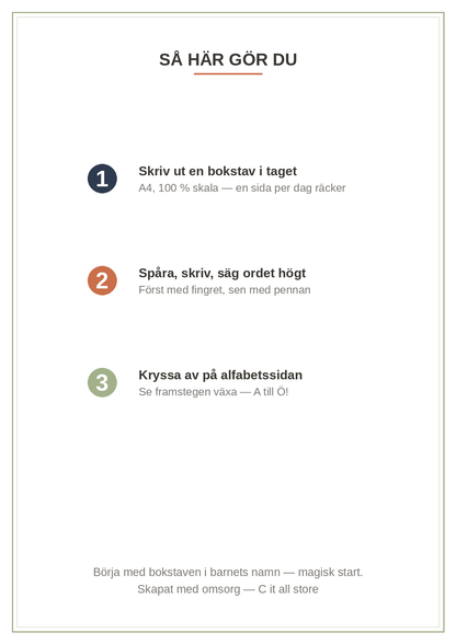 Bokstavsboken 4–6 år — hela alfabetet A–Ö: spåra, skriva & känna igen (printbar PDF)
