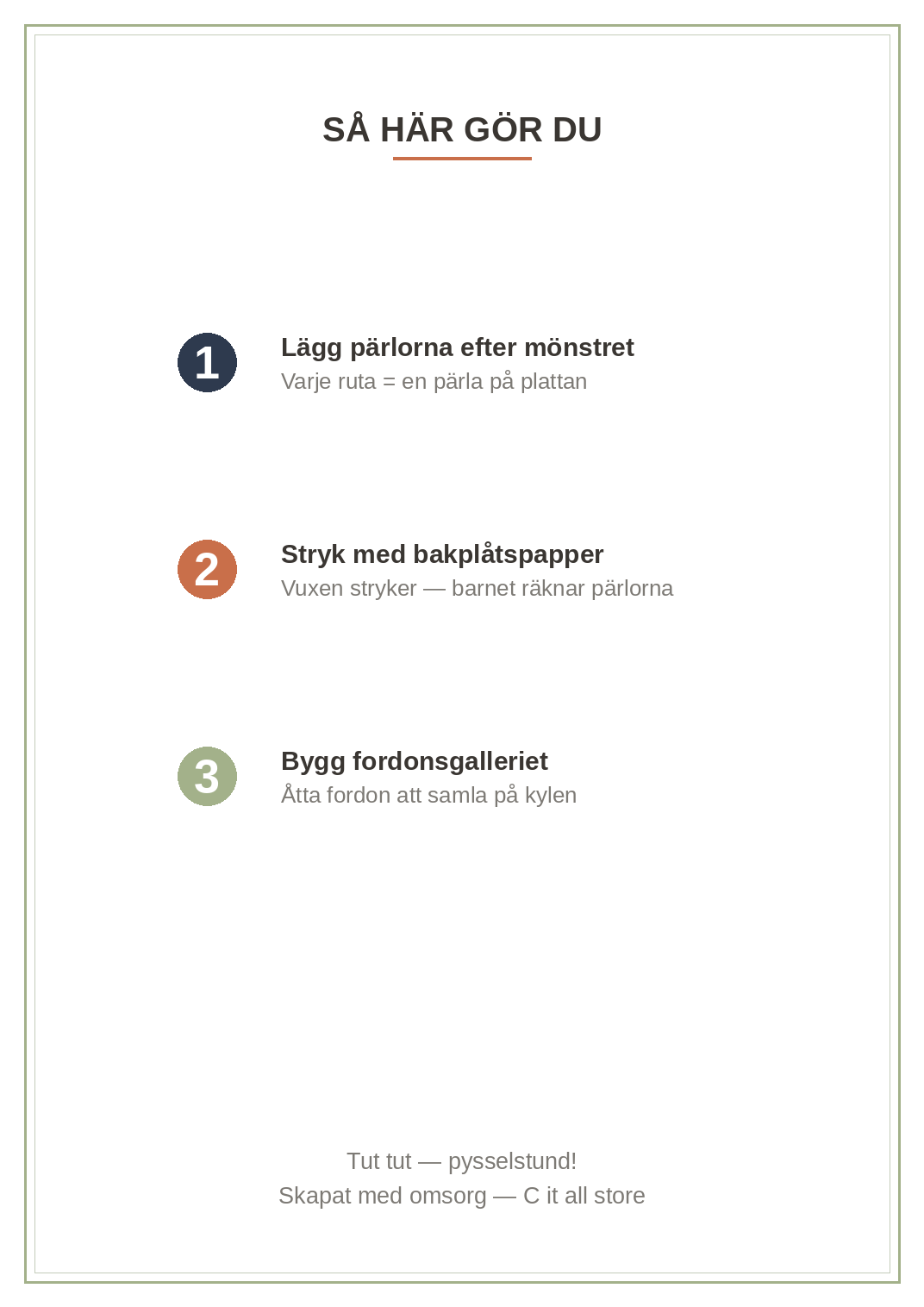 Pärlplattor Fordon vol. 1 — 8 fordonsmönster 20×20 med färgkarta & antal pärlor (printbar PDF)