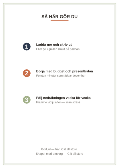 Julguiden 2026 — planera julen utan stress (printbar guide, PDF)
