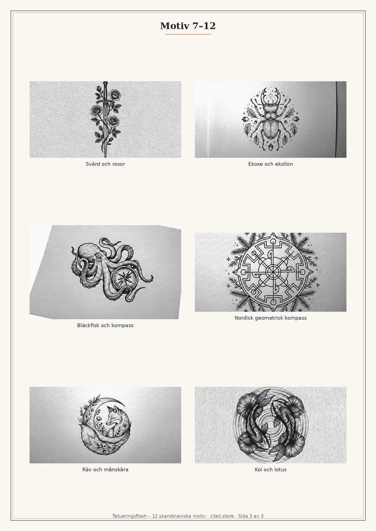 Tatueringsflash – 12 skandinaviska motiv i fineline & dotwork (transparenta PNG + printbart referensark)