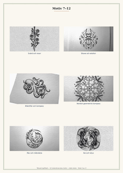 Tatueringsflash – 12 skandinaviska motiv i fineline & dotwork (transparenta PNG + printbart referensark)