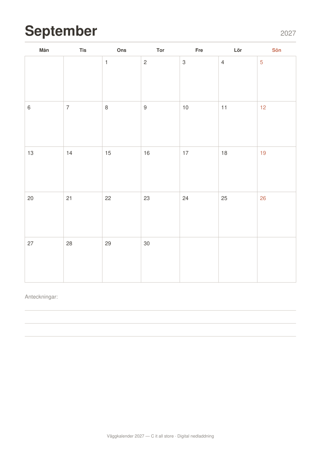 Väggkalender 2027 — en månad per sida (printbar PDF)