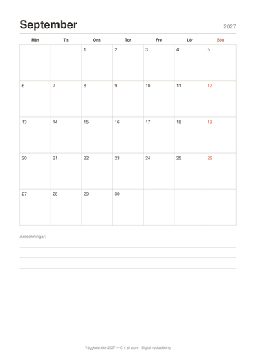 Väggkalender 2027 — en månad per sida (printbar PDF)