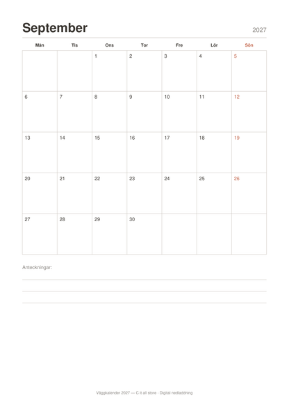 Väggkalender 2027 — en månad per sida (printbar PDF)