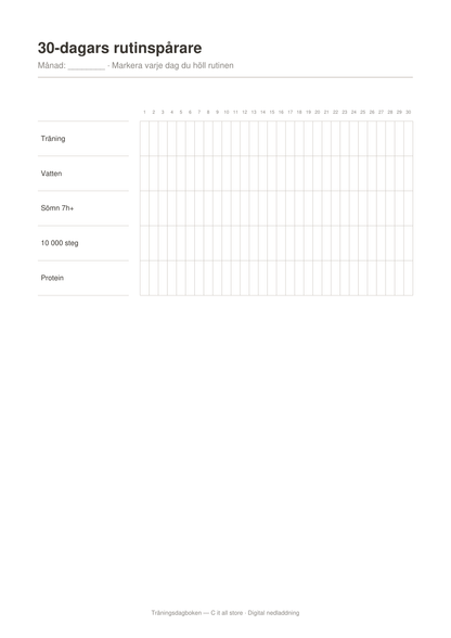 Träningsdagboken — pass, mål & mätningar (printbar PDF)