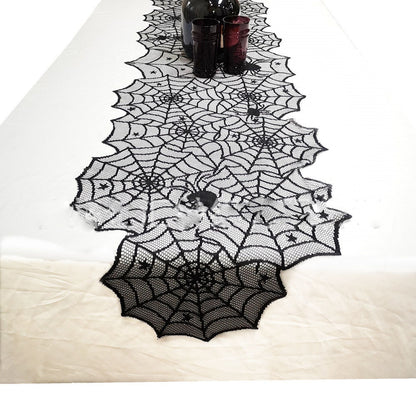 Halloween bordsduk Svart spetsöverdrag Bordslöpare Spiderweb Öppen spis Scarf Bordsdekoration Halloween-dekorationer för hemmet