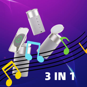 3-i-1 multifunktionell iPhone och AirPods trådlös laddare bärbar Bluetooth-högtalare med pekskärm för hem och kontor