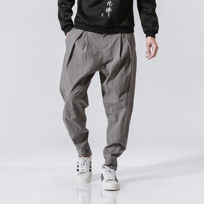 Cotton Linen Harem Pants Men Jogger Pants Male Fashion Autumn Casual Trousers Chinese Button Cross Pants Trousers