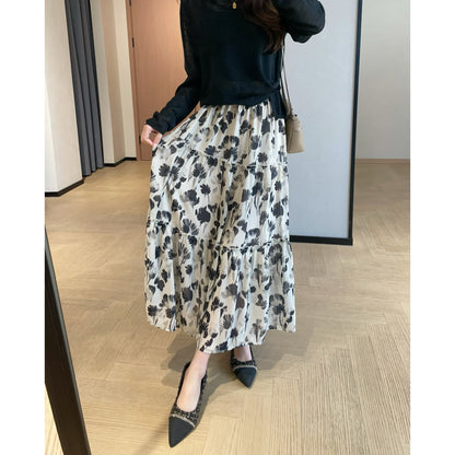 Professional Elegant Romantic Flower Ink Straight Chiffon Printed Skirt - Spandex Chenille (Black/Apricot, S-L, Socialite)