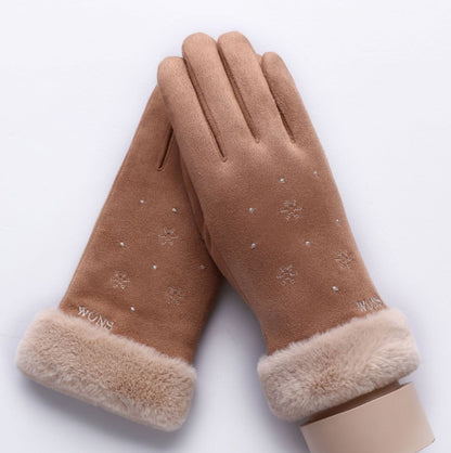 New Winter Female Lace Warm Cashmere Three Ribs Cute Bear Mittens Double thick Plush Wrist Women Touch Screen Driving Gloves 81C