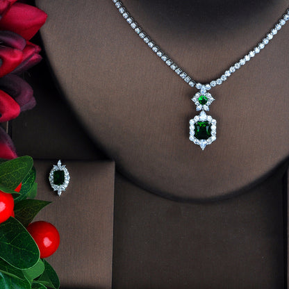 Dark Green Pendant Necklace Earring Set - Elegant Jewelry