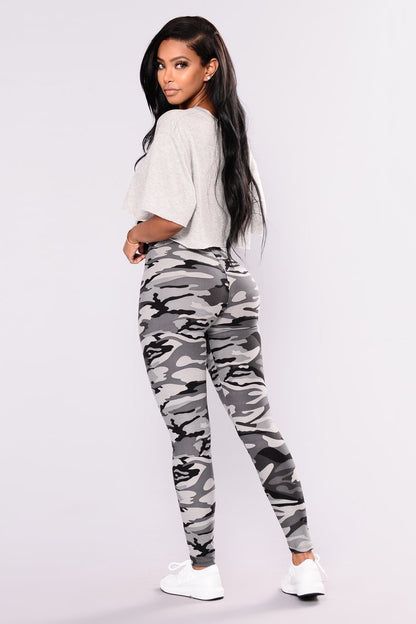 Pantalon Legging Décontracté Gris Imprimé Camouflage