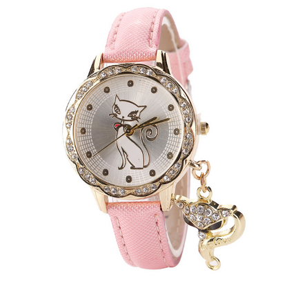 Mode mignon chat modèle montre bracelets horloge cadeau femmes fille montres de luxe diamant analogique en cuir Quartz montres