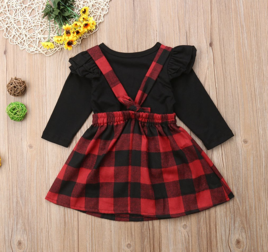 Foreign trade platform new size girls black long-sleeved plaid strap dress two-piece set factory wholesale