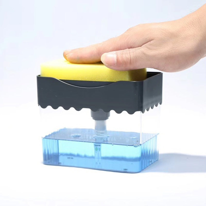 2-i-1 tvåldispenser Sponge Caddy Push-typ flytande låda tvättmedel Automatisk doseringslåda