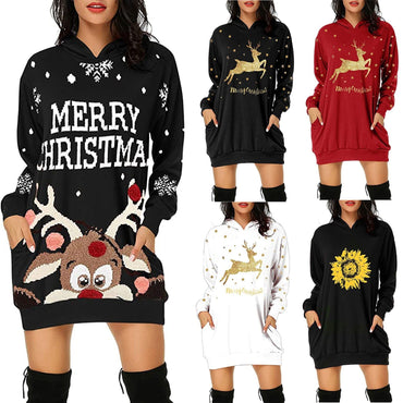 Pull à capuche et manches longues avec poche mi-longue imprimée, offre spéciale de noël
