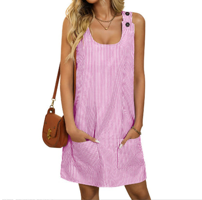 Summer Fashion Striped Patchwork Commuting U-Neck Sleeveless Pockets Back Button Casual Straight Slimming Mini Dress For Women