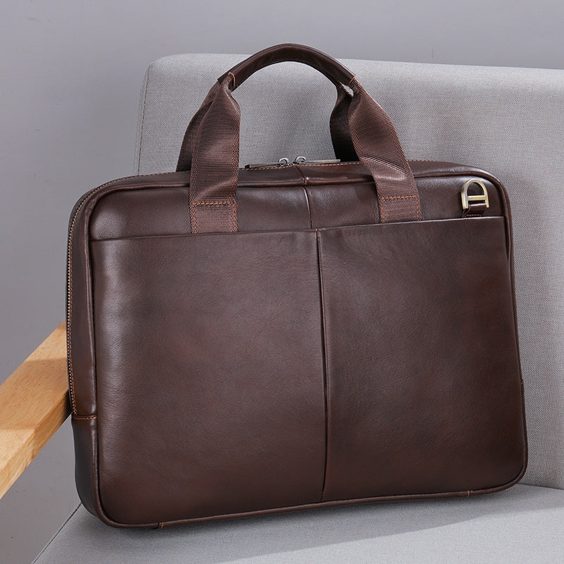 Porte-documents en cuir véritable de grande capacité pour hommes, sac de rangement horizontal en cuir de vache à première couche pour ordinateur