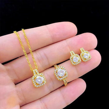 Ensemble de bijoux en Zircon pour femmes, pendentif, chaîne, ras du cou, couleur or, boucles d'oreilles, bague de mariage, à la mode