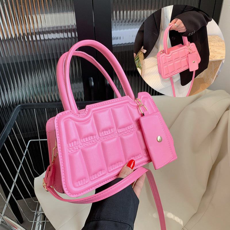 Candy Color Shoulder Bag With Small Wallet Fashion Grid Texture Totes Women Handbag