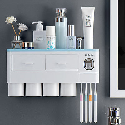 Non-marking Hanging Magnetic Toothbrush Holder Single Drawer Storage Rack With Toothpaste Squeezer Toiletry Set