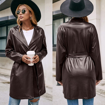 Trench-coat slim à manches longues en cuir mi-long en dentelle occidentale