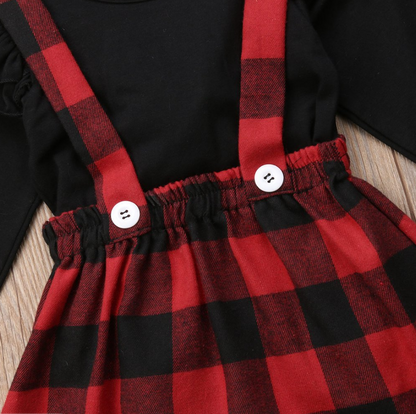 Foreign trade platform new size girls black long-sleeved plaid strap dress two-piece set factory wholesale