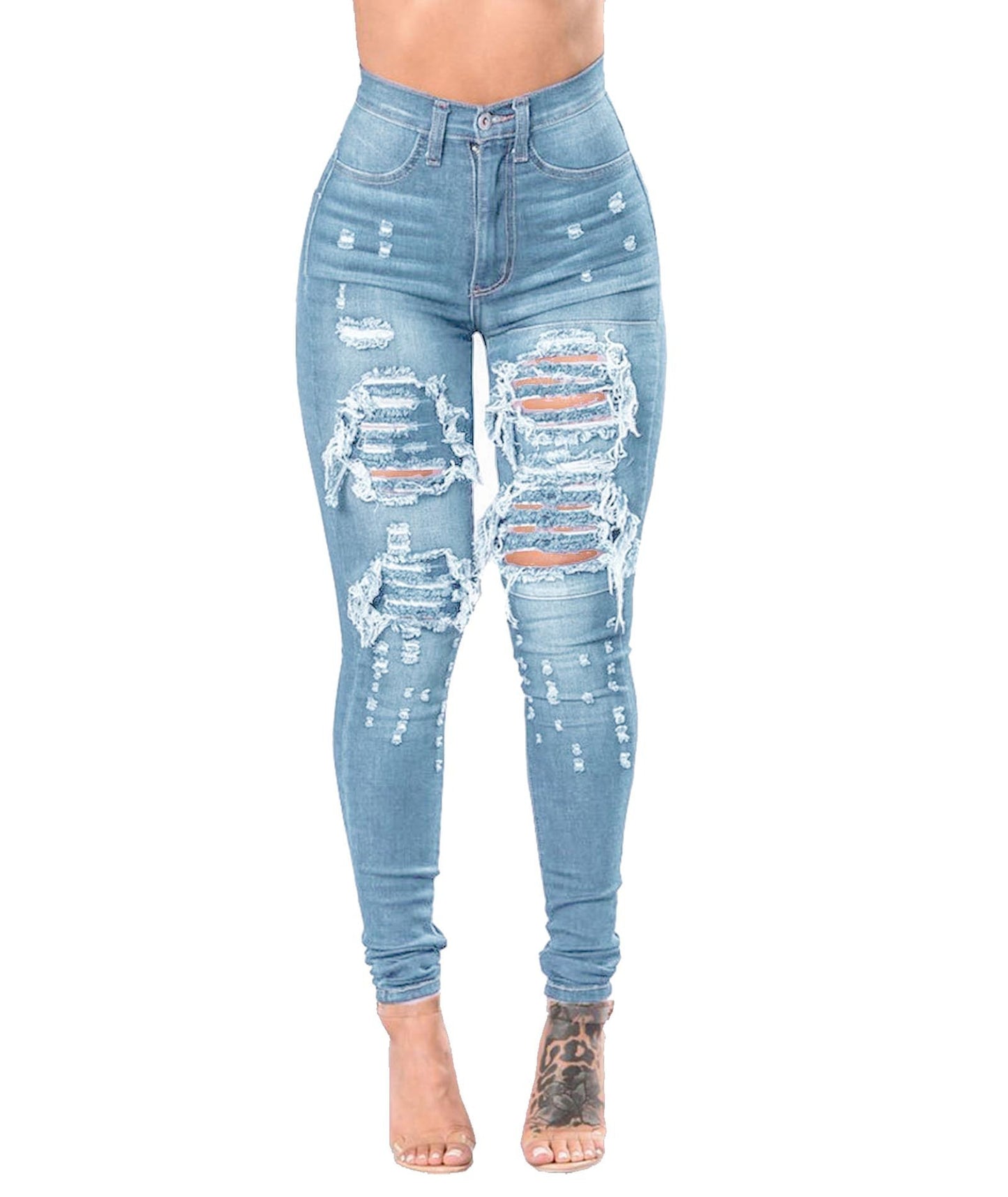 Kvinnors Ripped Denim Washed Denim Byxor